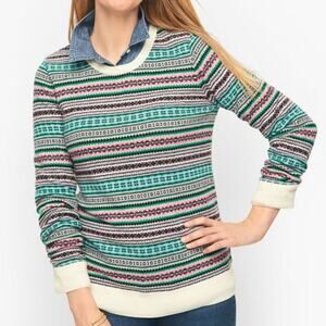 Talbots Nordic Stripe Long Sleeve Crew Neck Pullover Sweater Green Pink Small
